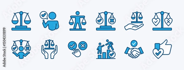 Fototapeta Set of legal ethics scale of justice icon. Contains law, truth, honesty, integrity, sincerity, morality, agreement handshake, court, judgement, judgment, balance. Vector illustration