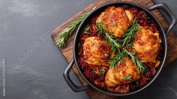 Obraz Savory baked chicken thighs on flavored rice with fresh rosemary garnish.
