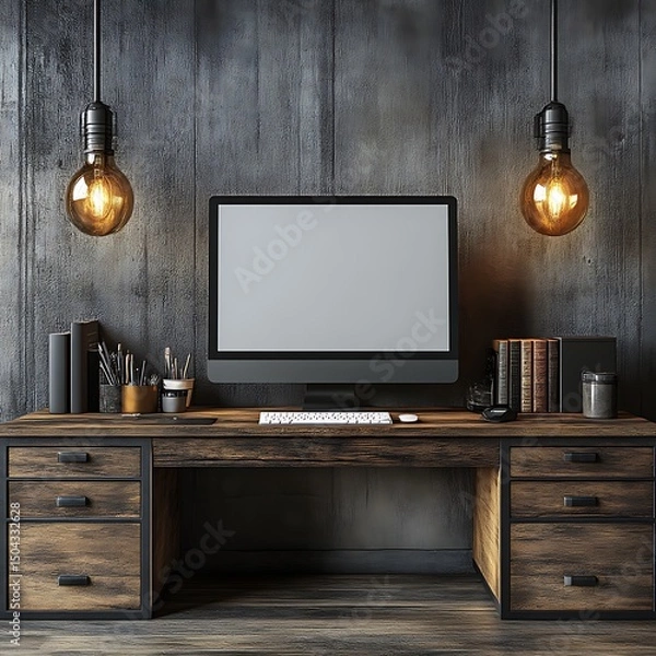 Fototapeta A wooden desk with a computer and vintage hanging lights