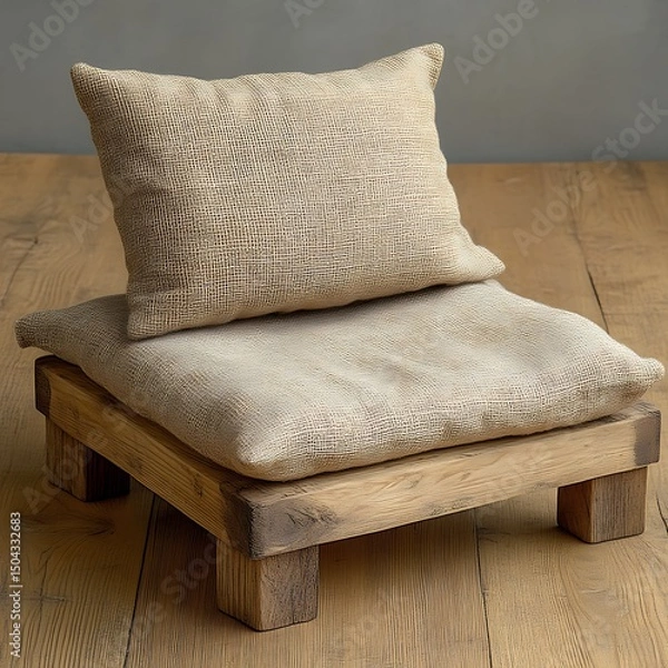 Fototapeta Two Burlap Pillows Rest Gently Upon A Wooden Stool