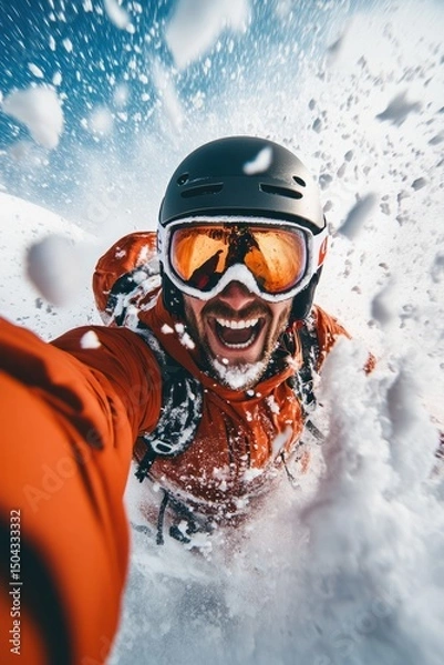 Obraz Excited young caucasian male snowboarding in fresh powdered snow.