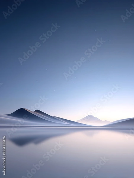 Fototapeta 3D rendering of minimalist abstract landscape of mountains, lakes and lakes