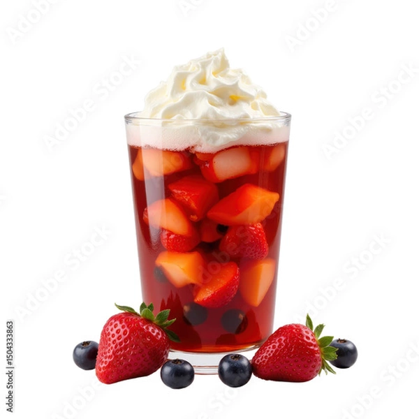 Obraz Crisp summer berry parfait with creamy whipped topping in a glass, surrounded by fresh strawberries and blueberries..