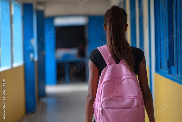 Obraz Young student walking down school hallway carrying pink backpack