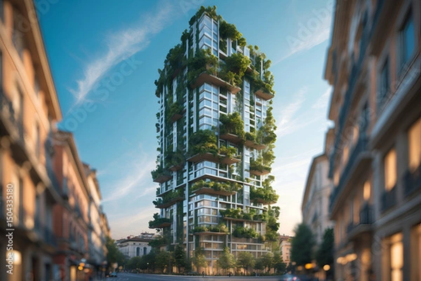 Obraz Eco-friendly skyscraper architectural design with lush greenery and vertical garden in a city