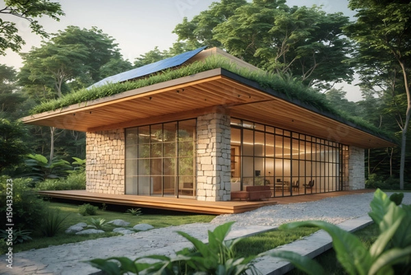 Obraz Eco-friendly modern home design with solar panels and green roof surrounded by lush forest