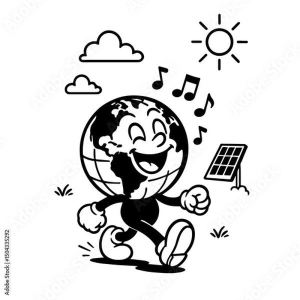 Fototapeta Vector happy character Planet Earth. Cute retro hippie illustration from the 70s