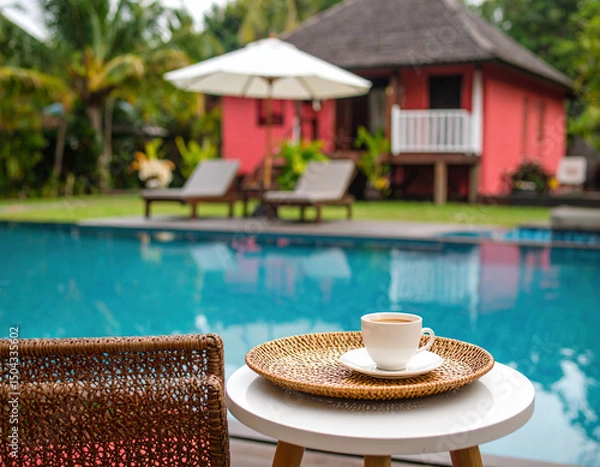 Fototapeta A cozy cup of coffee rests on a small table beside a wicker chair, overlooking a serene pool and a charming pink villa surrounded by lush greenery.	