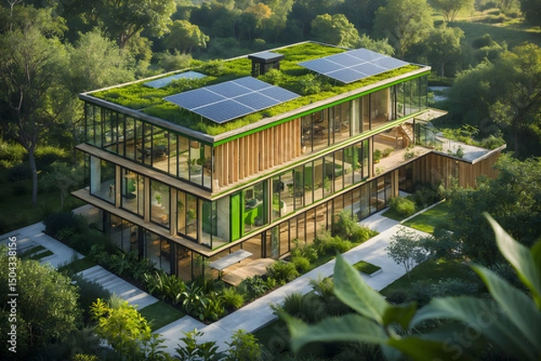 Obraz Modern sustainable eco friendly building with green roof and solar panels generating clean energy
