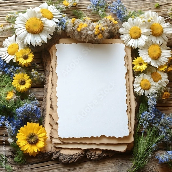 Fototapeta A decorative floral and paper arrangement on rustic wooden surface
