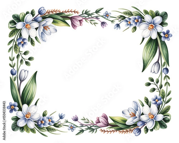 Obraz Elegant floral frame with watercolor spring flowers, isolated on white background