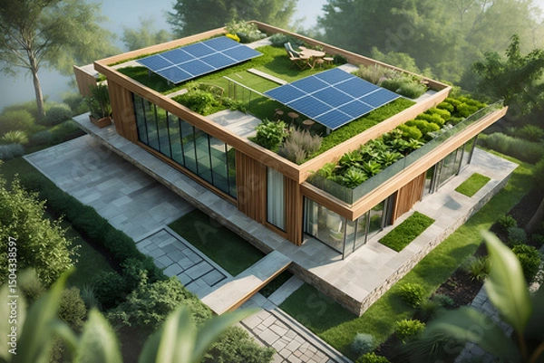 Obraz Modern sustainable home with solar panels and green roof in beautiful natural setting