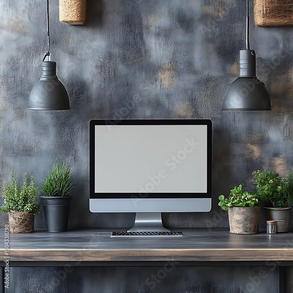 Fototapeta A modern workspace featuring a blank computer screen and greenery