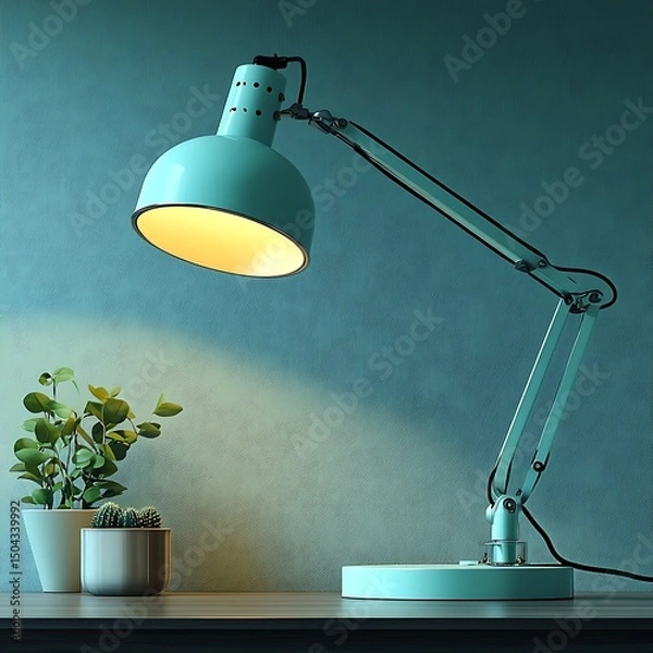 Fototapeta A green desk lamp illuminates a table surface and small plants
