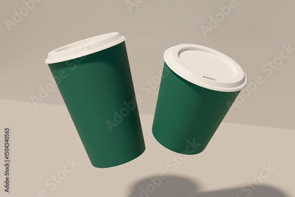 Fototapeta Green coffee cups in motion for a festive gathering. 3d rendering