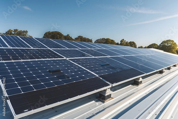 Obraz Solar panels installed on a roof generating renewable energy for eco friendly power