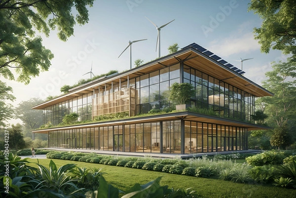 Obraz Sustainable modern architecture eco friendly office building surrounded by greenery and wind turbines