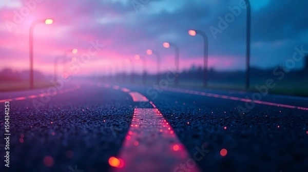 Fototapeta Glowing Neon Highway at Dusk – Futuristic Road with Pink and Blue Lights in Evening Atmosphere