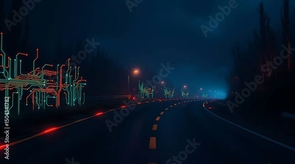 Fototapeta Glowing Neon Highway at Dusk – Futuristic Road with Pink and Blue Lights in Evening Atmosphere