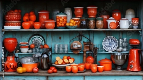 Fototapeta A Kitchen Display Featuring Colorful Dishes and Fresh Fruit Arrangements