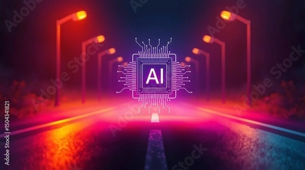 Fototapeta Artificial Intelligence Chip Symbol on Highway – Futuristic AI Technology on Road Concept