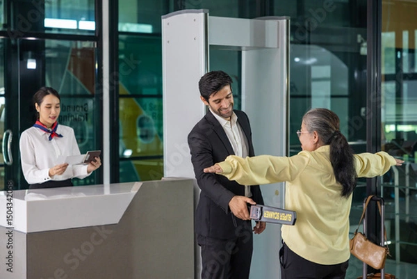 Fototapeta Airline ground staff is using metal scanner for security check every passenger in the airport departure terminal for safety protocol before boarding into plane