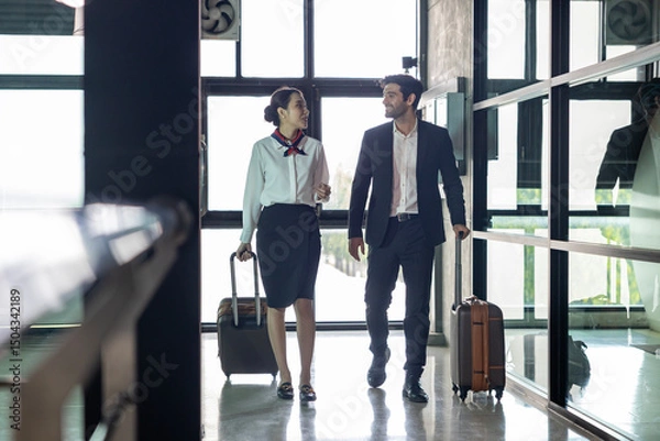 Fototapeta Flight attendant is walking together with pilot captain at the airport while on the way to boarding aircraft