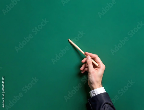 Fototapeta Hand Holding Pencil on Chalkboard Background. Teaching and Learning Concept