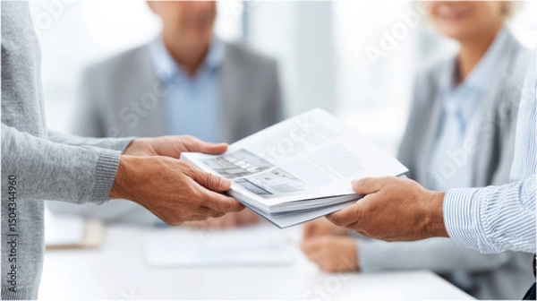 Fototapeta Professional meeting features presentation of marketing brochure and catalog, highlighting collaboration and strategy in modern business setting