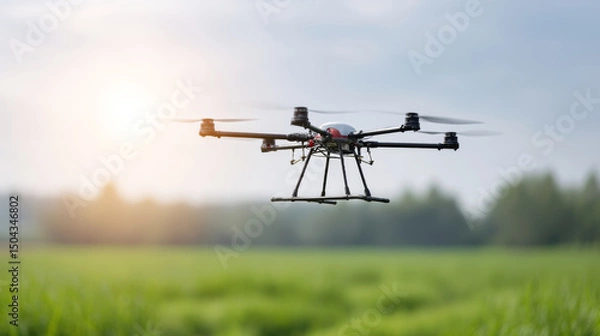 Fototapeta Industrial drone sprays beneficial pesticides over a lush green field, enhancing crop growth and pest management with modern technology
