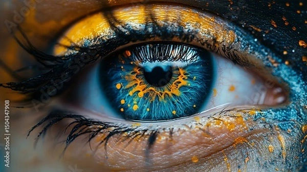 Obraz Close-up of an artistic eye with vibrant blue hue and orange paint accents, showcasing stunning detail and creativity.