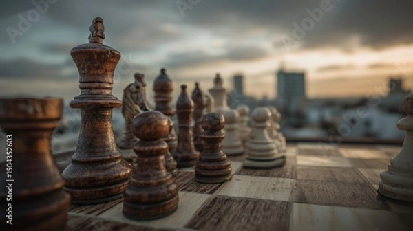 Obraz A chessboard in mid-game on a rooftop, strategy and life decisions -