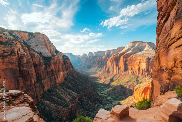 Fototapeta A dramatic canyon carved through arid mountains, its deep orange rock walls glowing under midday sun