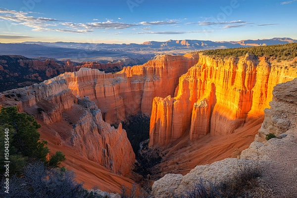 Fototapeta A dramatic canyon carved through arid mountains, its deep orange rock walls glowing under midday sun