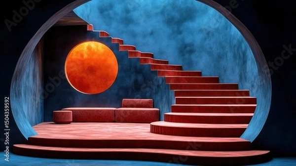 Fototapeta Abstract red staircase, circular archway, and moody blue wall with orange orb.