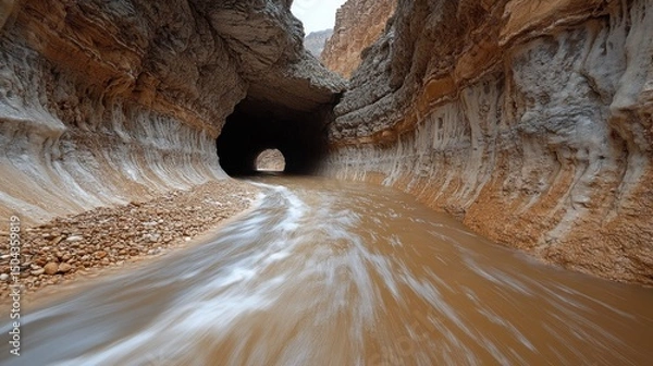 Fototapeta River flowing through a narrow canyon with a dark tunnel at the end.