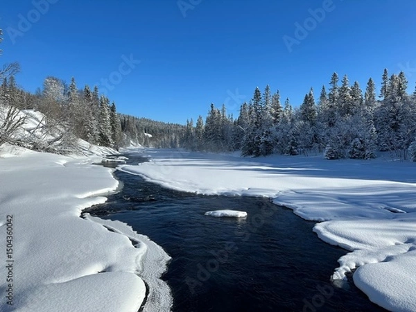 Obraz Winter scene showcases a river flowing through a snowy landscape under a blue sky in north Sweden.