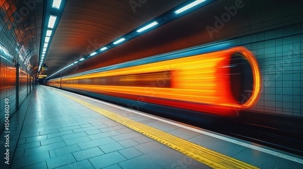Fototapeta High-speed train blurring through subway station platform.