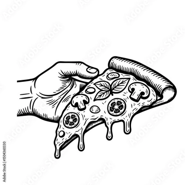 Fototapeta hand holding a piece of pizza, in sketch style. Vector engraving isolated on background.