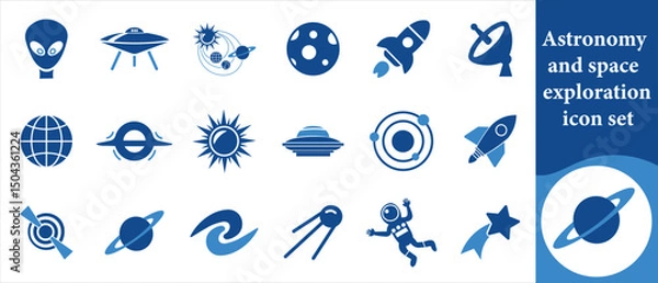 Fototapeta Astronomy and space exploration icon set, science, silhouette, flight, isolated, booster, speed, satellite, set, relay, cosmic, transportation, icon, artificial, radar, discovery, universe and more