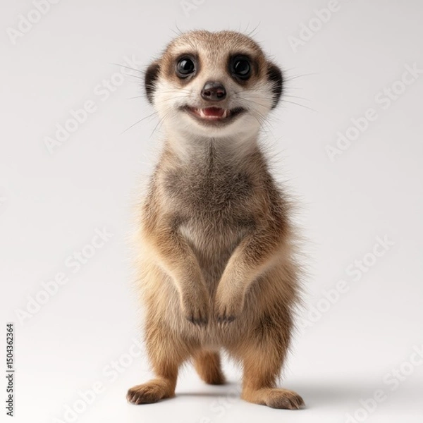 Fototapeta Adorable Meerkat Standing Upright on White Background, Symbolizing Playfulness and Animal Conservation Awareness : Generative AI