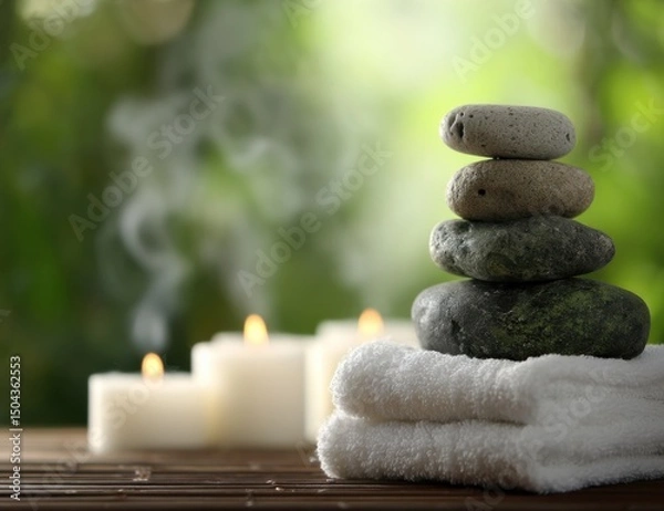 Fototapeta Stacked Stones on Towels With Candles in a Spa Setting, Promoting Wellness and Relaxation for Health and Beauty Businesses : Generative AI