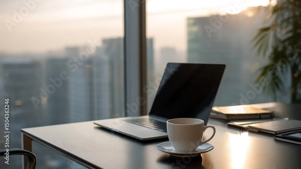 Obraz Serene morning, coffee and laptop on the desk, city view outside the window