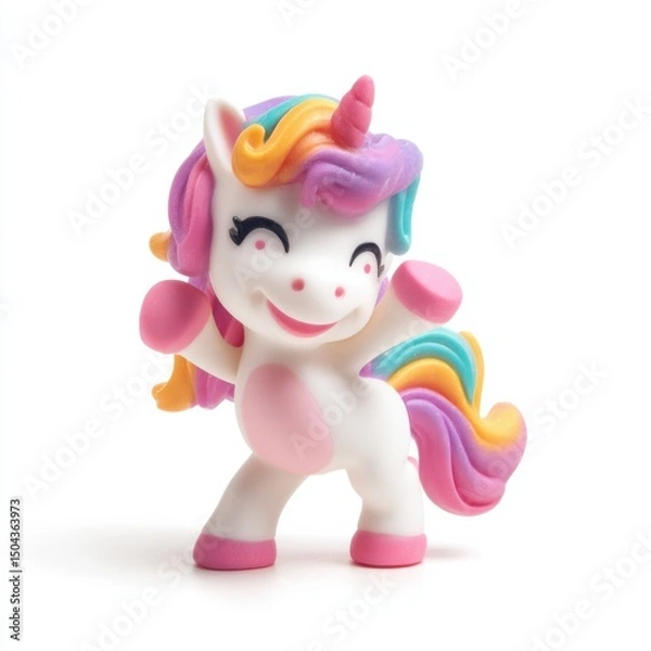 Fototapeta Playful Unicorn Toy Figure With Rainbow Mane on White Background, Symbolizing Childhood Joy and Imagination : Generative AI