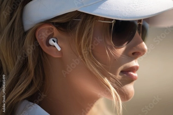 Fototapeta Golfer wearing wireless earbuds and sunglasses during a sunny day on the course