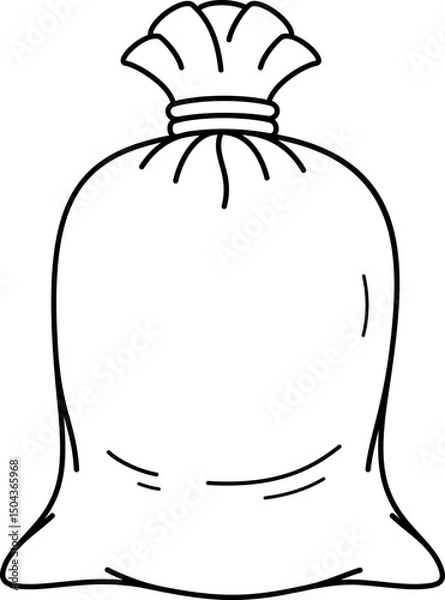 Obraz Simple line art illustration of a tied sack bag filled with mineral fertilizer granules, black outline icon on light background for agricultural and gardening use.