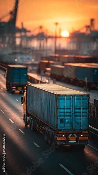 Fototapeta Trucks Transporting Cargo at a Port During Sunset With Cranes in View