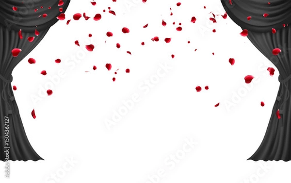 Obraz Flying red rose petals, luxury Grand Opening with Attractive Black Stage Curtain