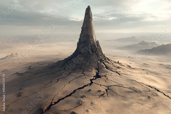 Fototapeta A lone desert spire rising from a vast, windswept plateau, its rugged surface covered in cracks