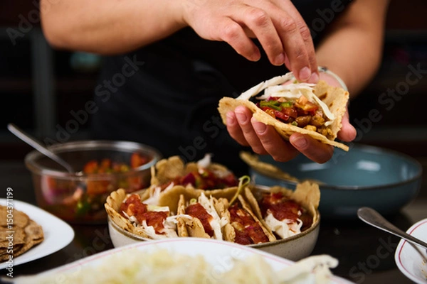 Fototapeta Close-Up of Hands Preparing Fresh Tacos with Vegetables and Salsa